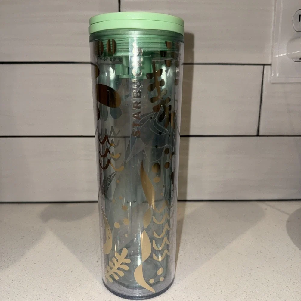 Starbucks Mermaid Siren Green Gold Clear 2020 Cold Cup 16 oz Insulated EUC